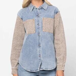 NWT Judy Blue Play Day Shacket Women’s Size Large Denim Leopard Stretch Casual